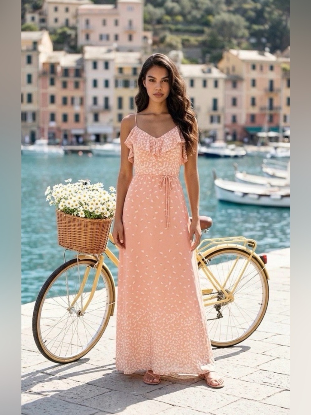 New june & hudson Pink Ruffle-Front Spaghetti Strap Maxi Dress